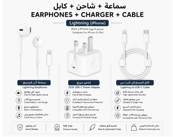 3 In 1 iPhone 20W USB C Wall Fast Charger+USB C to Lightning Cable+Lightning Connector Earphones