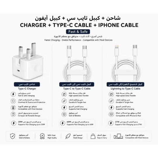 3 in 1 iPhone 20W USB C Wall Fast Charger+USB C to USB C Cable+USB C to Lightning Cable